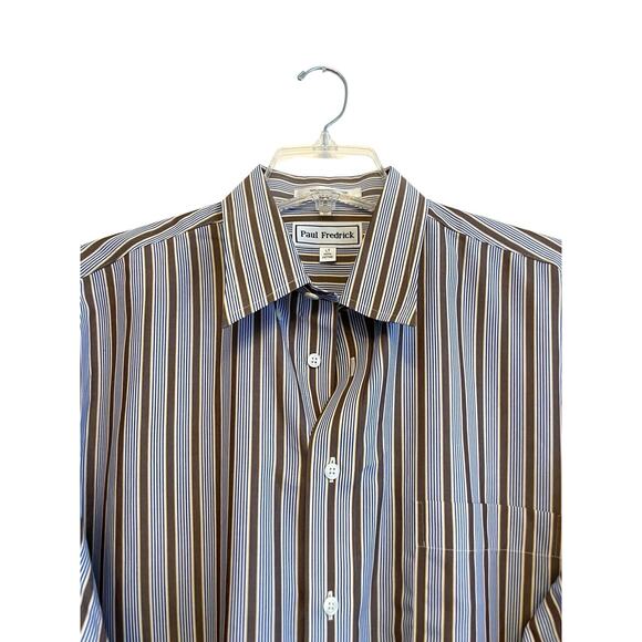 Paul Fredrick Button Up Shirt Men Size Large Tall‎ Brown Blue Stripe 100% Cotton - Picture 3 of 6